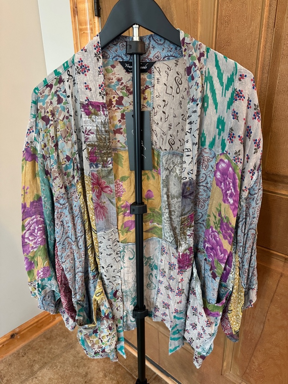 YT Young Threads Boho Patchwork Open Front Jacket - Purple & Teal Floral